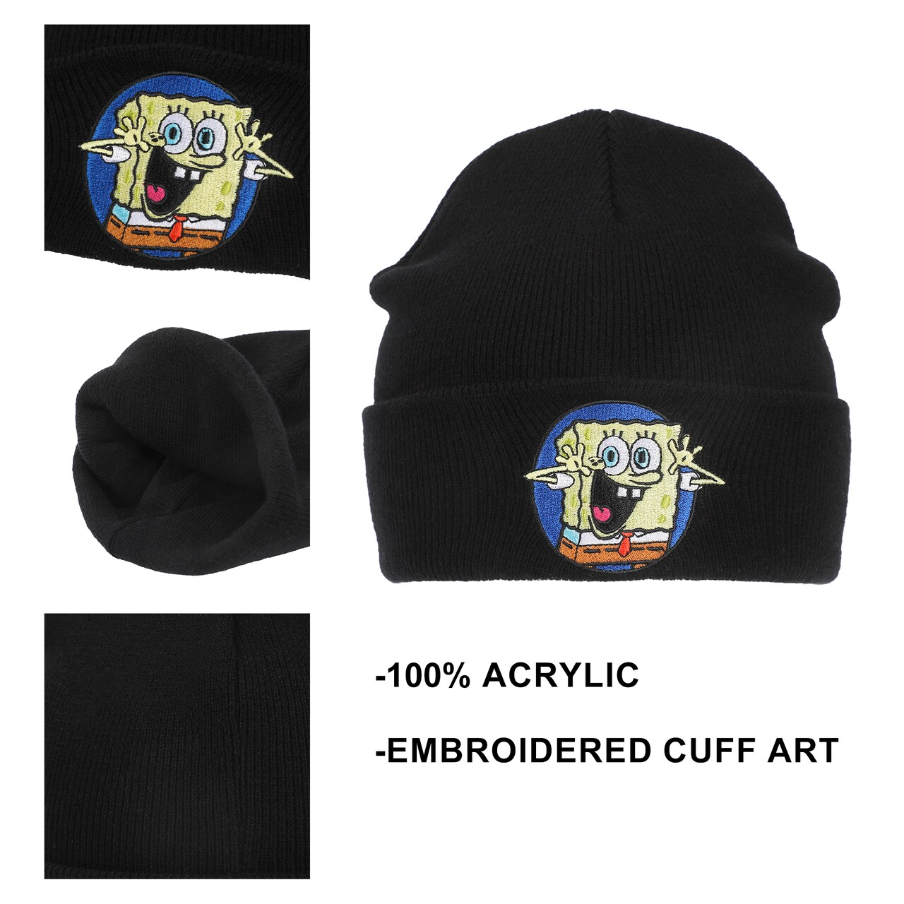 Spongebob Square Pants Embroidered Circle Character Patch On Black Cuff Beanie